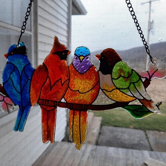 NEW Stained Glass Window Hanging - Hummingbird on Branch Suncatcher Hand-Painted - Picture 5 of 9